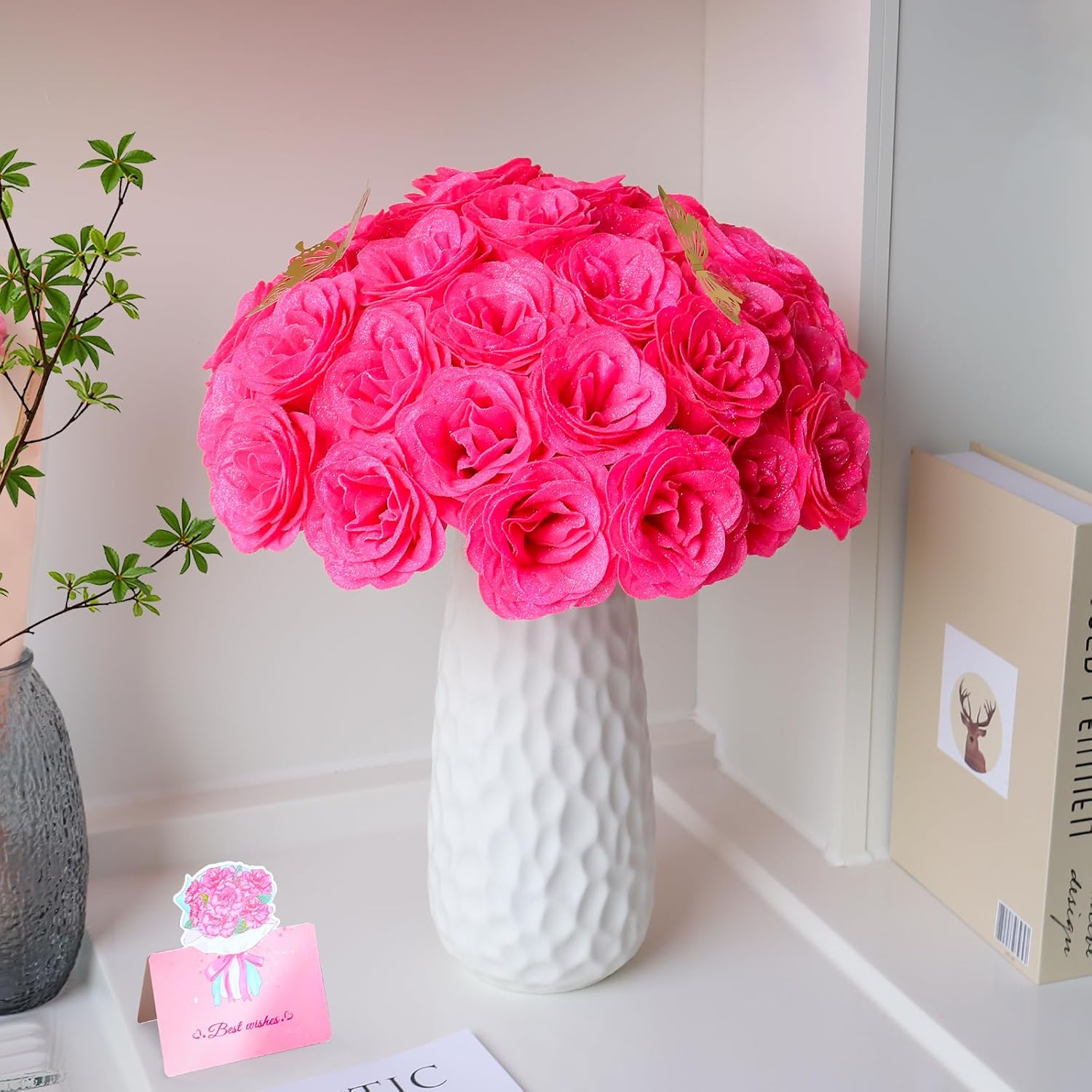 DIY Glitter Roses Bouquet 24Pack - Hot Pink Artificial Flowers Glitter Rose Bouquet with Stems Wrapping Paper 3D Butterflies Crown for Graduation Anniversary Birthday Gifts for Her - Image 6