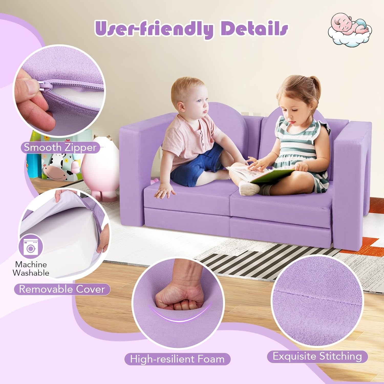 HONEY JOY Modular Kids Play Couch, 8 PCS Imaginative Convertible Foam Children Sofa, Playroom Bedroom Nursery Furniture, for Playing, Creativity, Large Toddler Couch, Gift for Boys Girls (Purple)