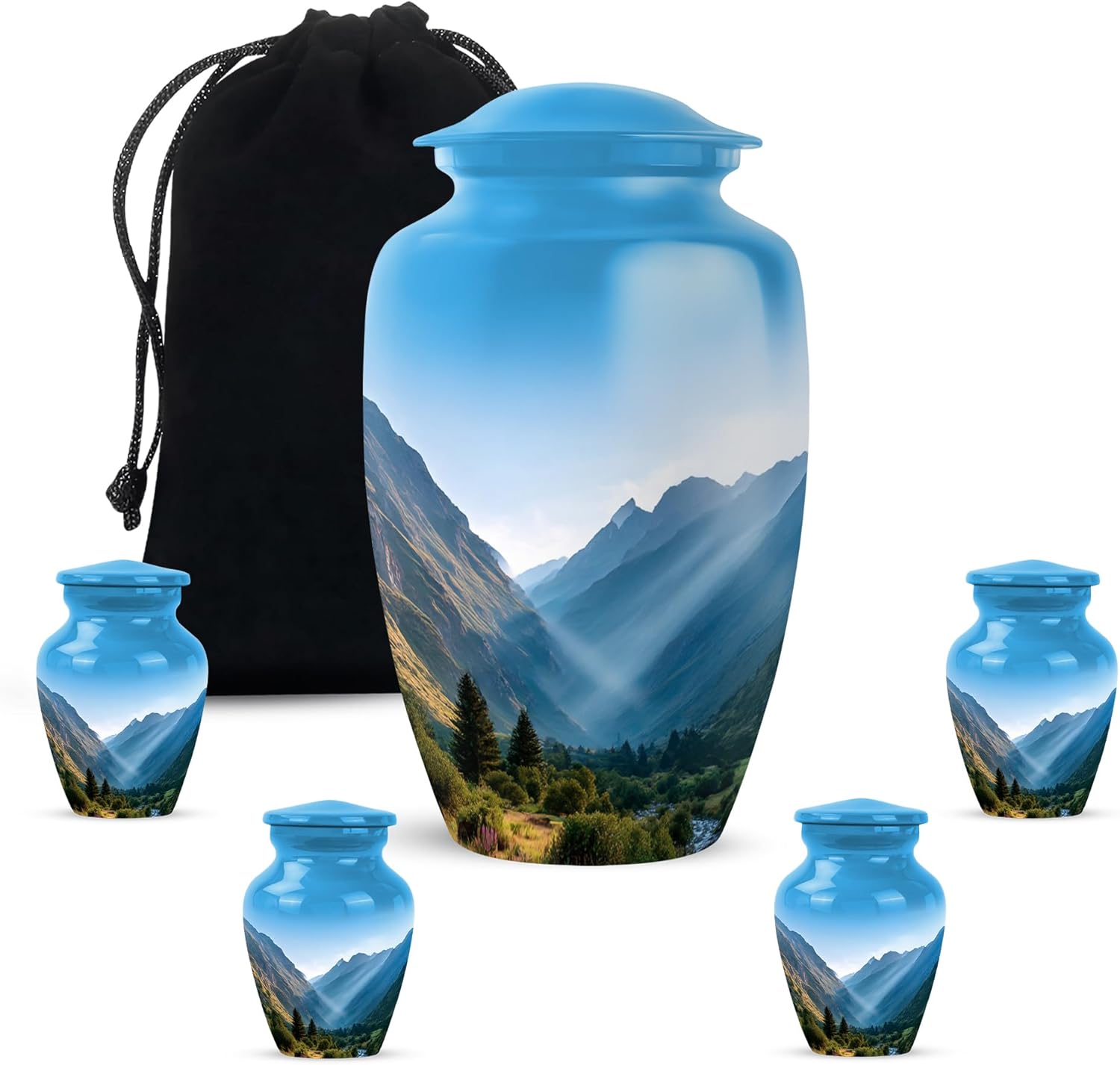 Mountain Urns for Human Ashes Adult Man, Large Blue Funeral Urns for Adult Ashes Women, Forest Mountain Cremation Urn for Male & Female, Memorial Gift (Combo 10 Inch Urn & 3 Inch, Set of 5)