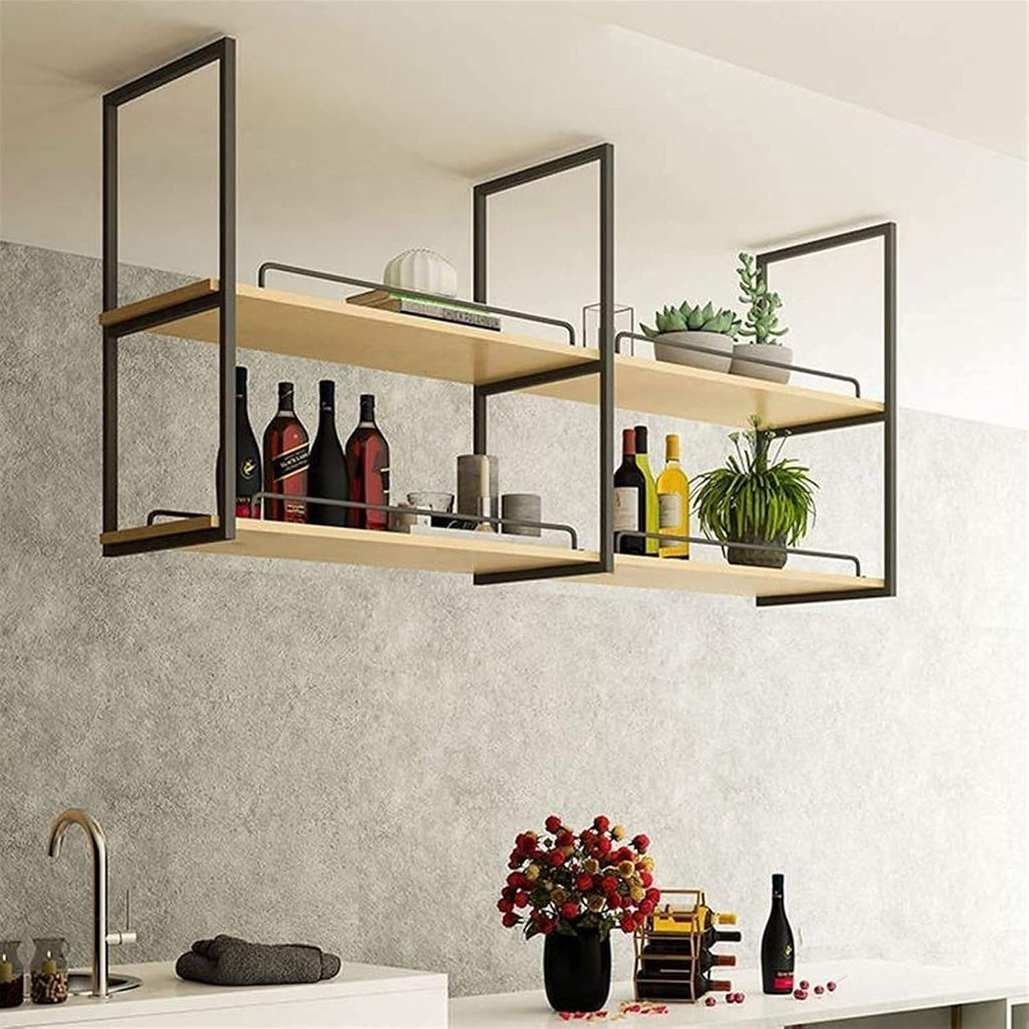 Ceiling Shelf Industrial Ceiling Storage Racks Flat Pipe Shelf Bracket Industrial Rustic Black Kitchen Shelf 2 Tier/with Guardrail Board Thickness 2cm (120 * 30 * 80cm)