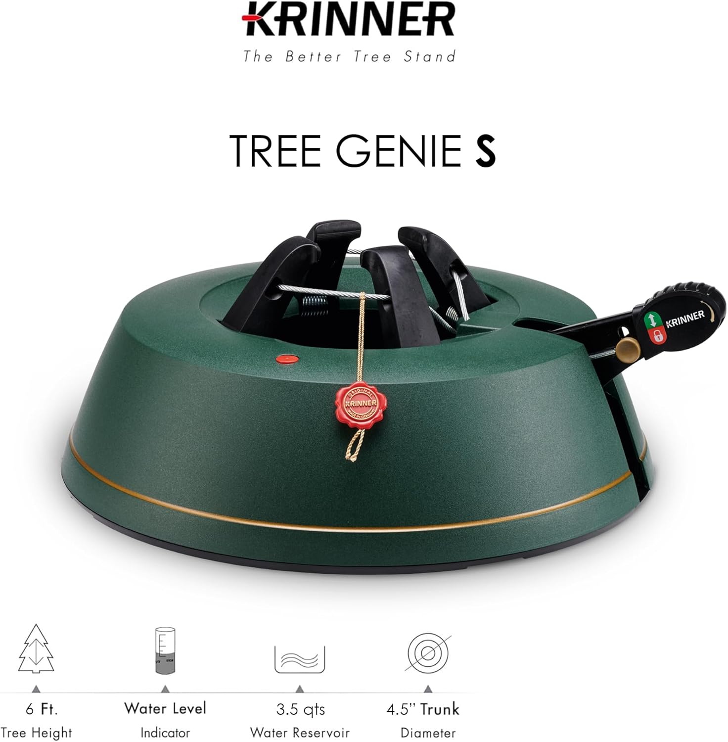 Christmas Tree Genie Small - Green Tree Stand - Original Single Cable Operation, Holds up to 6 ft Live Trees - Foot Pedal Setup & Water Reservoir with Level Indicator - German Made