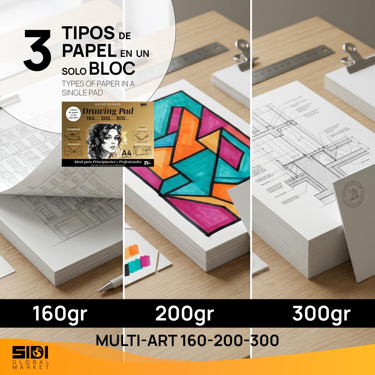 SIDI - Bloc de Dessin A3 Professionnel 160g/m², 200g/m² et 300g/m², Papier Sketchbook, Papier Épais Sans Transfert, Pour Crayon, Feutres et Croquis, 3 Types de Épaisseur (MULTI-ART, 50 feuilles)