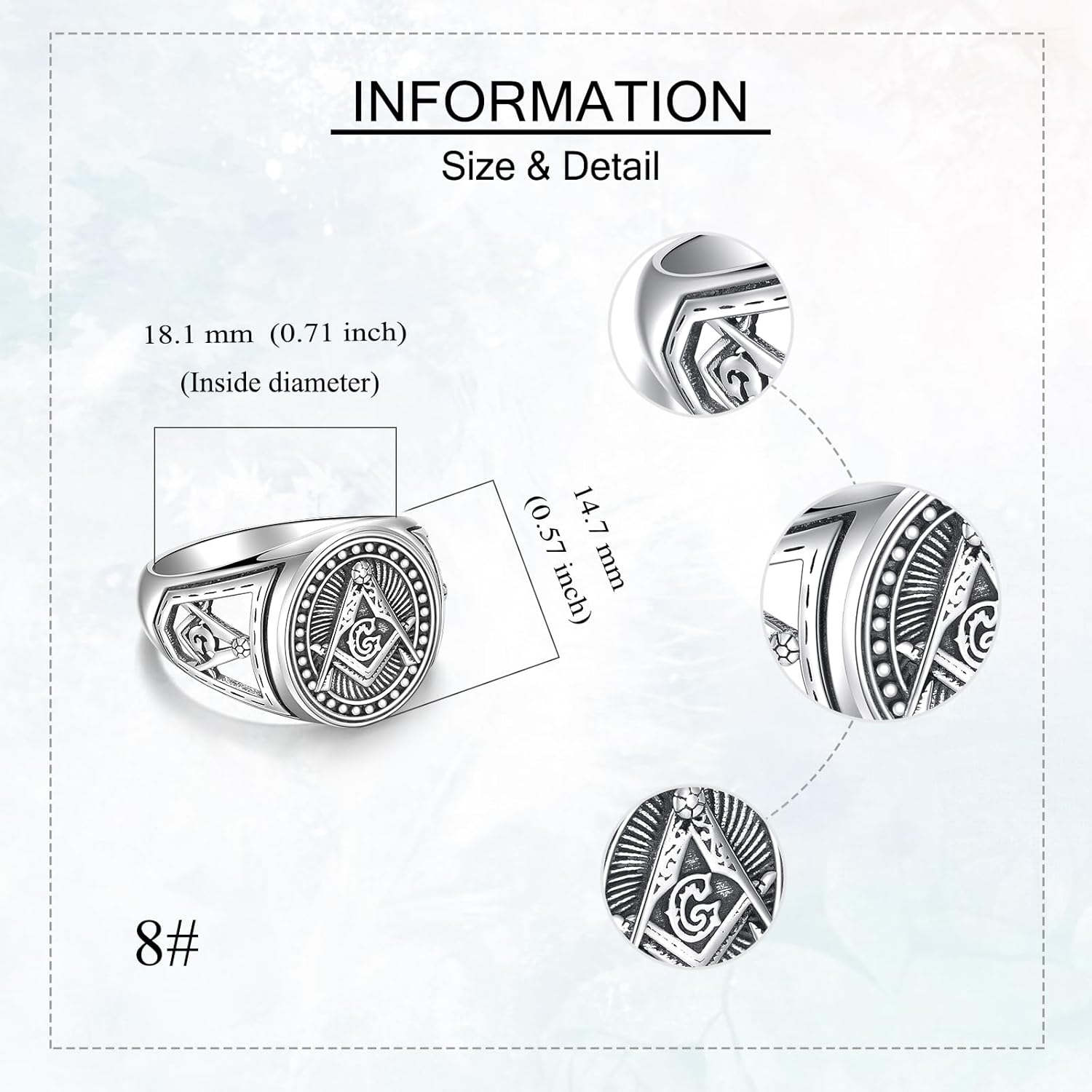 URONE Masonic Ring 925 Sterling Silver Freemasonry Rings Mason Symbols Jewelry For Men #8 - Image 3