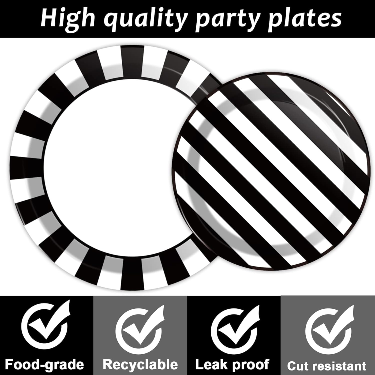96 PCS Black and White Party Plates Napkins Striped Dinnerware Set Black and White Party Tableware Disposable Paper Plates Napkins Party Decorations Supplies Favors for 24 Guests - Image 4