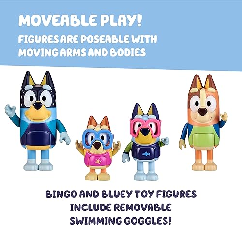 Miniatura 4 de Bluey Toys - Paquete de 4 figuras exclusivas de Chilli, Bingo, Bandit Beach de 2.5-3 pulgadas, figuras posables con bolsa, juguete de playa al aire