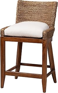 Bali & pari Ridley Seagrass Counter Stool with Mahogany Wood Frame - Coastal Seating with Woven Square Back and Cushioned Seat for Kitchen Island or Breakfast Bar, Brown Wash