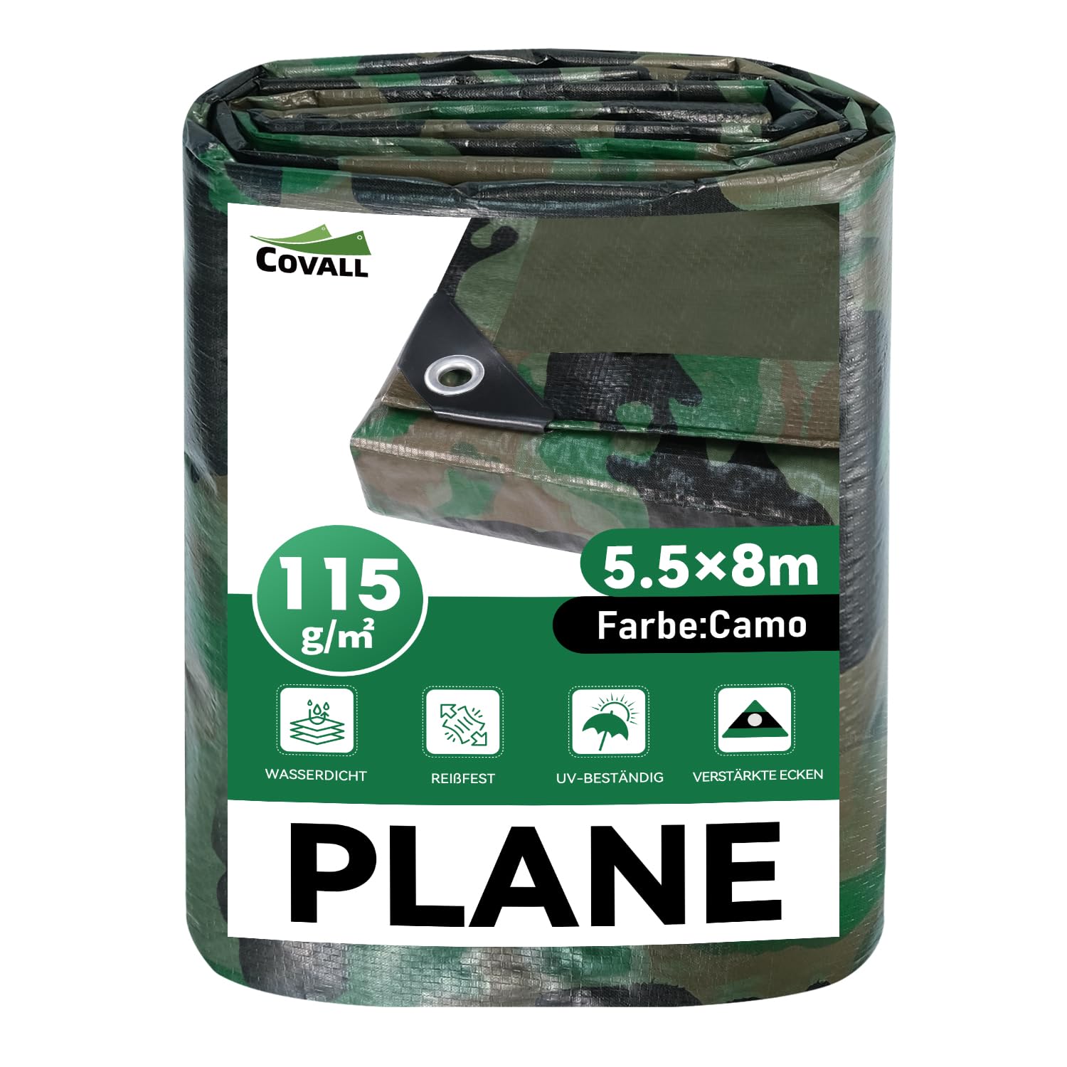 COVALL Abdeckplane mit Ösen Wasserdicht, Camouflage Plane 5.5x8m, 115g/m² Gewebeplane, Reißfest, UV-beständig LKW Plane, Multifunktionale Schutzplane Holz Bauplane Garden Outdoor