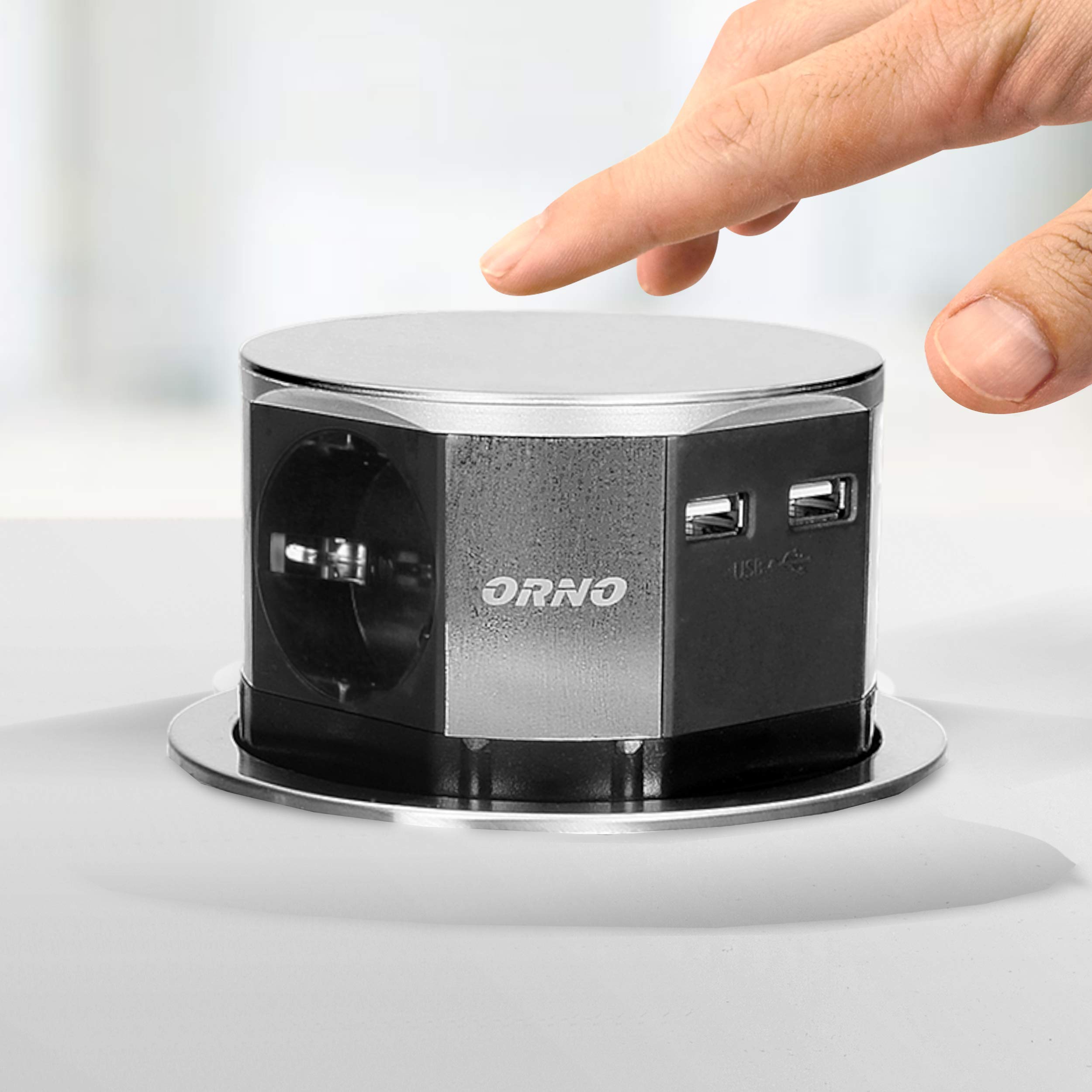 Orno AE-1381(GS) Presa Multipla a Scomparsa a 3 Ingressi 3650W max Ø 10 cm con Cavo Schuko da 1,5 m