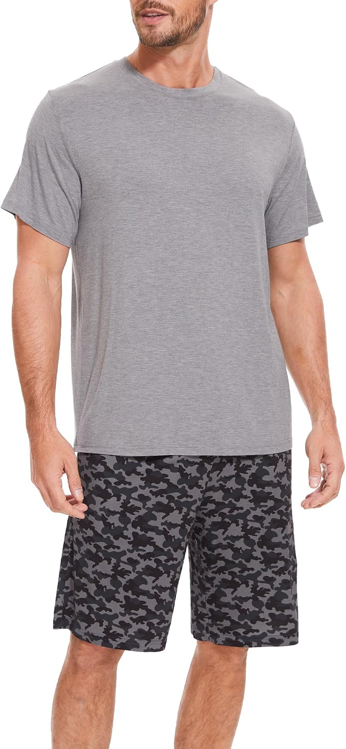 GYS Men's Pajama Sets, Ultra Soft Bamboo Viscose Sleepwear, Short Sleeve Shirts and Shorts Loungewear Pjs Set with Pockets