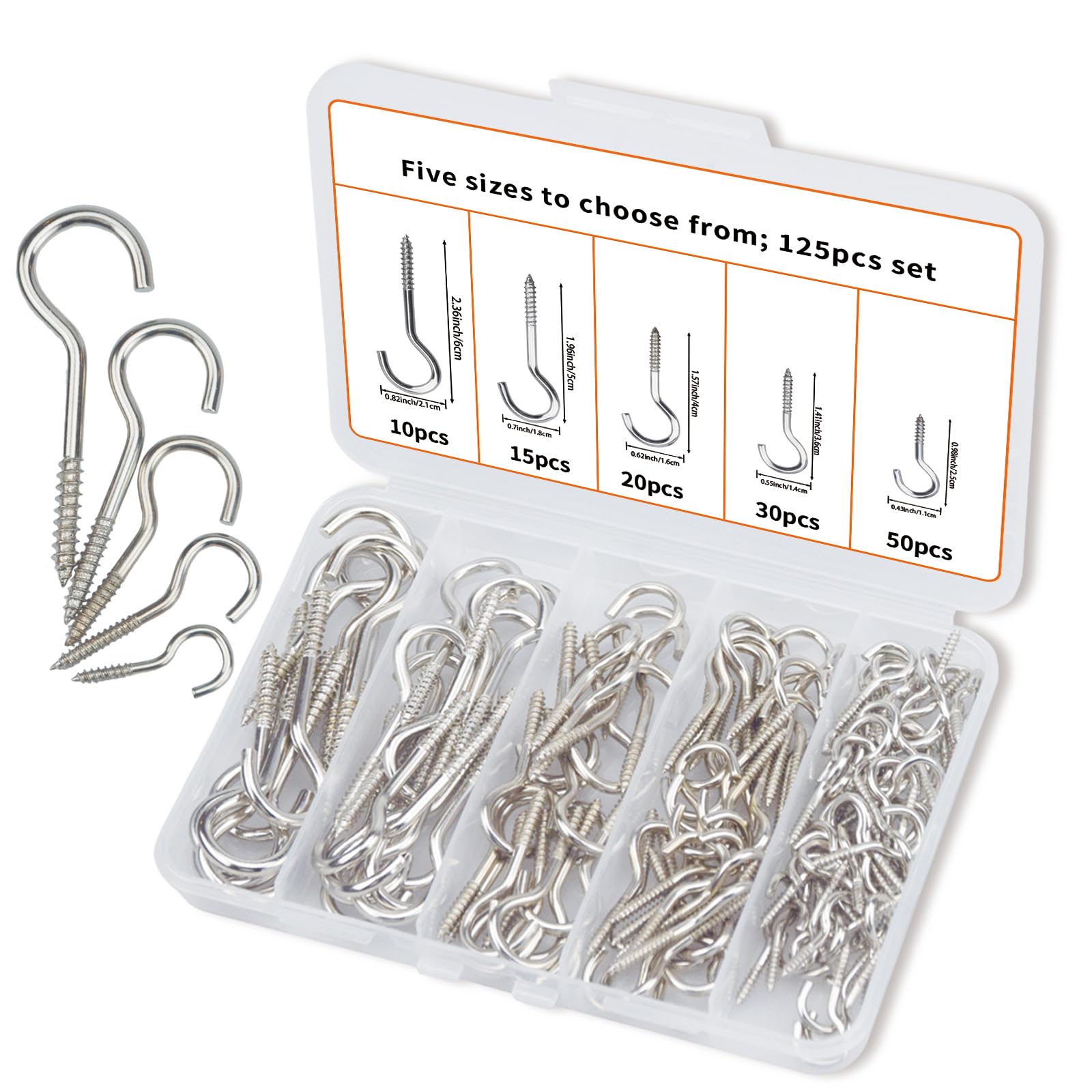 BJUTYEU 125 Pieces of Screw Cup Hook Set 5 Sizes Ceiling Small Hooks Wardrobe Decoration Hanging Accessories for Hanging Outdoor or Indoor use (0.98"