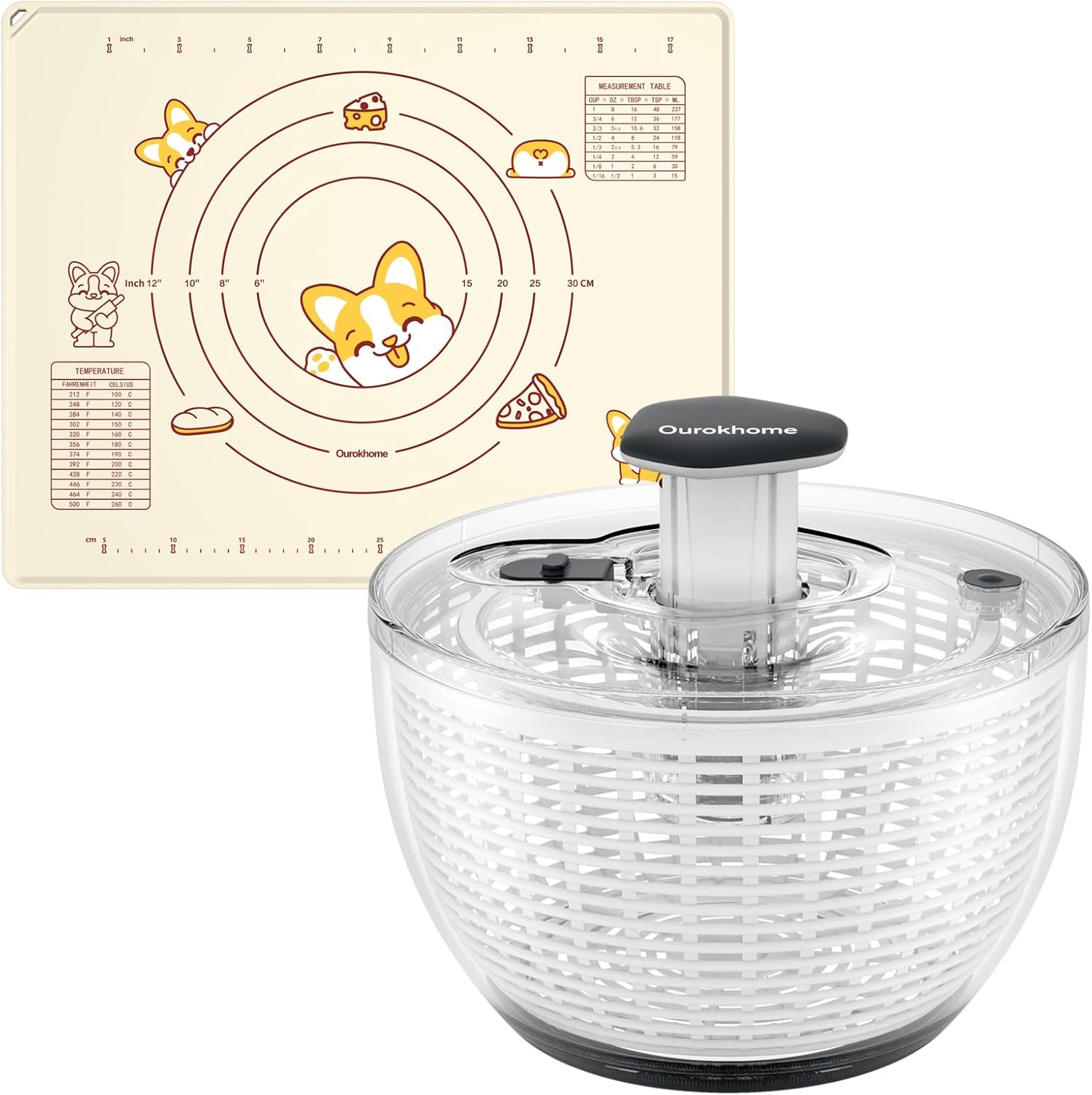 Ourokhome Silicone Baking Mat, 20'' X 16" Extra Thick Non Stick and Anti-slip Rolling dough Mat, Salad Spinner Lettuce Spinner, One-handed Easy Press Large Salad Dryer Mixer