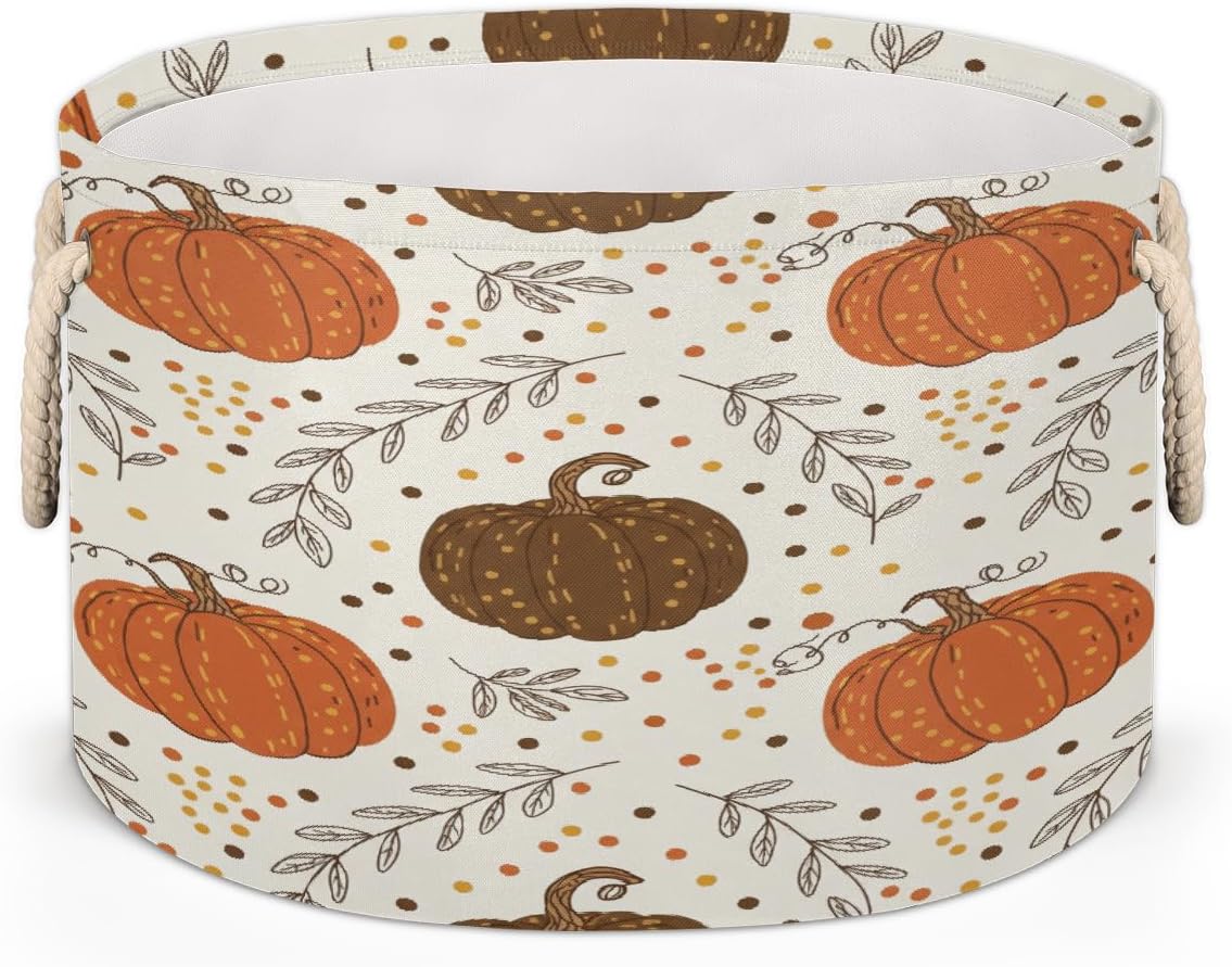 Large Storage Baskets - Pumpkin Dot Fall Nursery Round Collapsible Organizer Bin Box, Laundry Hamper for Kids Toys, Blanket, Bedroom Living Room Home Decor, Gift Basket, 19.4"x13.3"