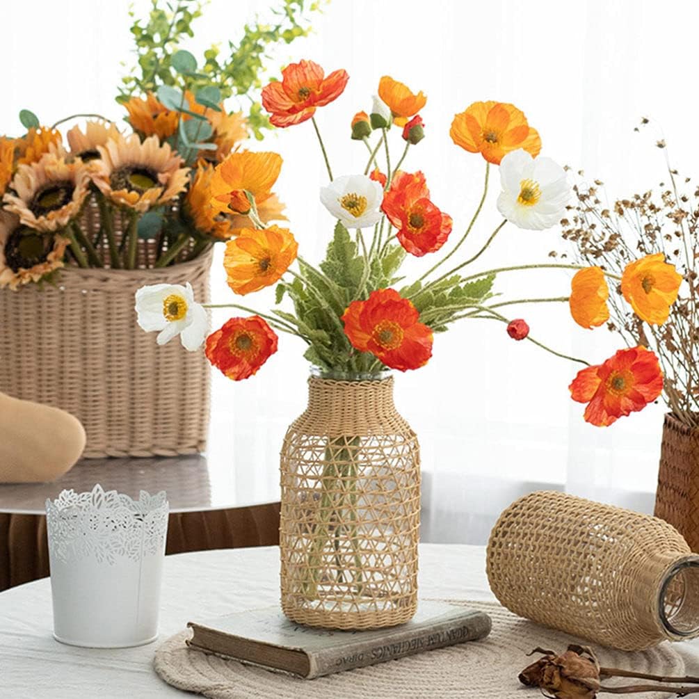 VORCOOL Rattan Woven Vase Rustic Country Style Flower Basket Glass Pot Seagrass Woven Floor Standing Vase for Home Flower Arrangement Table Centerpiece