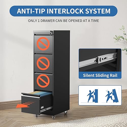 Miniatura 4 de BIZOEIRON Archivador móvil de 3 cajones, archivador de metal para debajo del escritorio con cerradura y ruedas, archivador rodante para oficina en