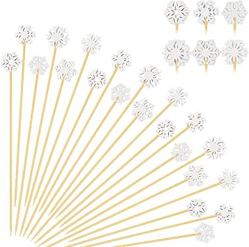 100 Christmas Snowflake Cocktail Picks, 6 Kind of Fancy Christmas Toothpicks for Appetizers, 4.7 IN Bamboo Charcuterie Skewers Food Sticks for Winter Snow Frozen Decorations Christmas Party Supplies