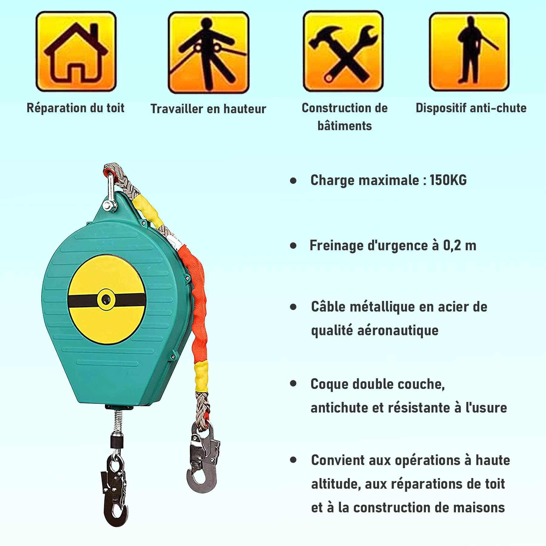 Dispositif Antichute a Rappel Automatique 3m-20m | Harnais de Securite Anti Chute Toiture Rétractable, 150 KG Stop Chute Harnais Rétractable pour Travaux en Hauteur