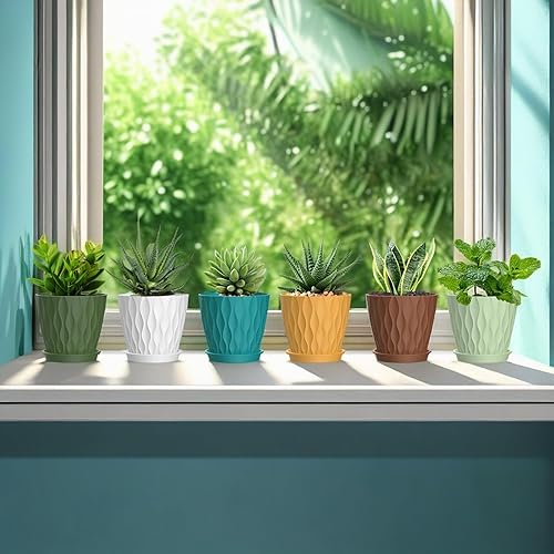 Miniatura 5 de Macetas de 5 pulgadas, paquete de 6 macetas de interior, macetas pequeñas con agujeros de drenaje y bandeja para suculentas, orquídeas, hierbas y