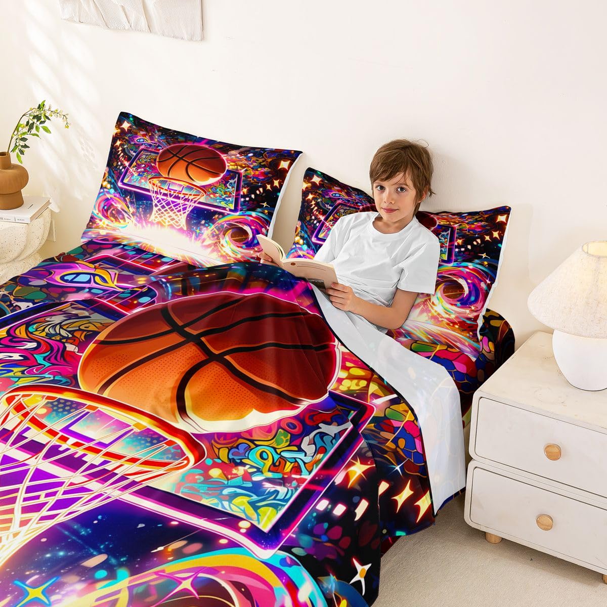 Homewish Neonowe prześcieradła do koszykówki, podwójne, kolorowe, graffiti, zestaw pościeli, fajny zestaw pościeli do koszykówki, sport, piłka dla graczy, dopasowane, płaskie prześcieradła, 4 sztuki