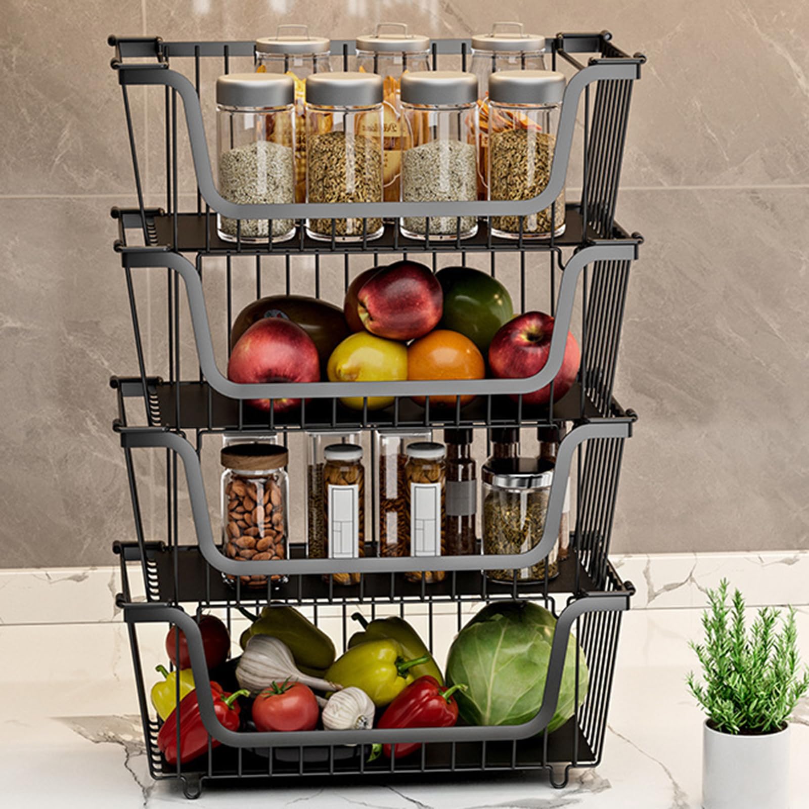 Paquete de 4 contenedores de almacenamiento apilables de metal para organización de refrigerador y productos agrícolas de encimera