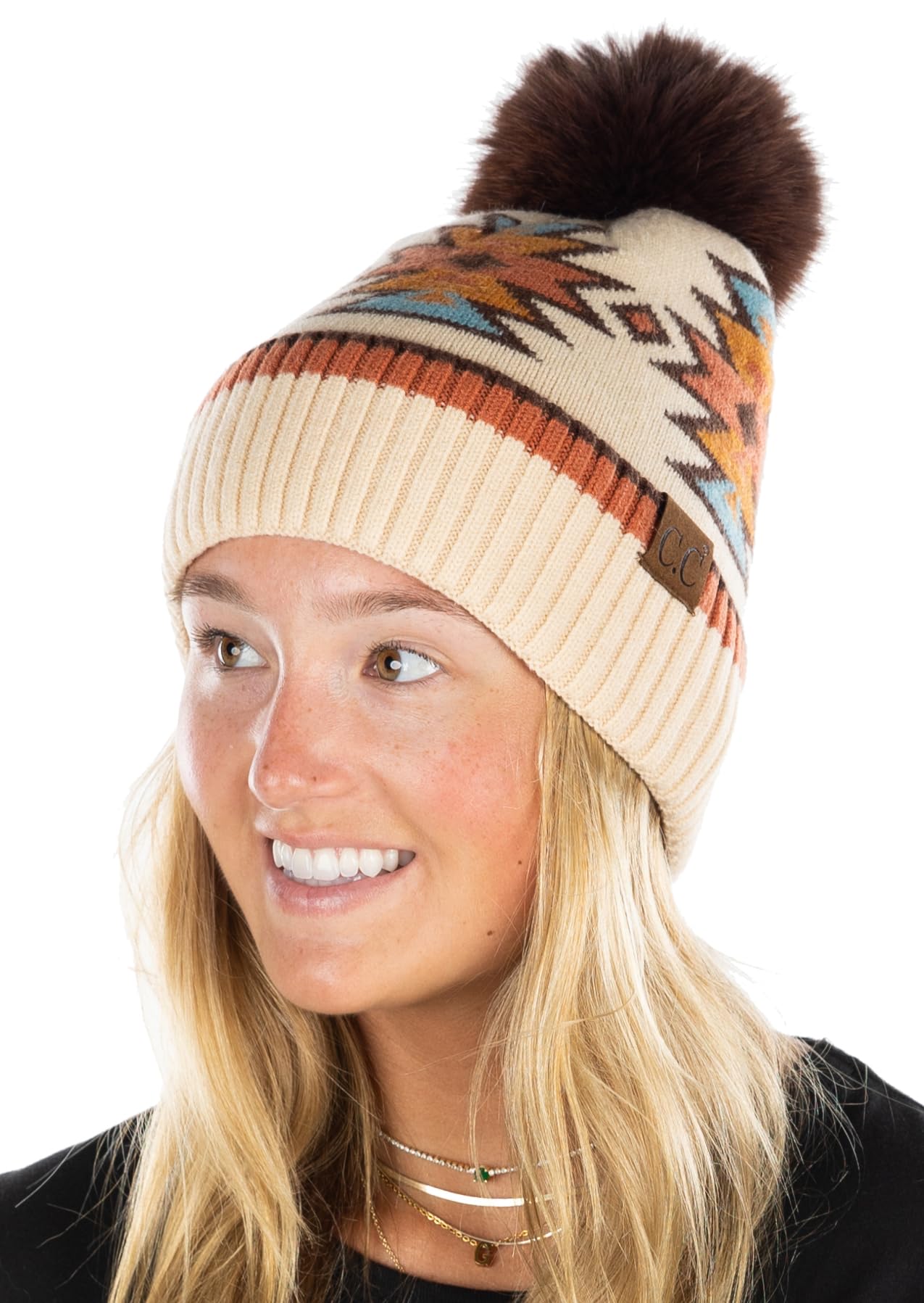 Funky JunqueBeanie for Women Faux Fur Pom Pom Winter Hat Knitted Warm Ribbed Skull Cap