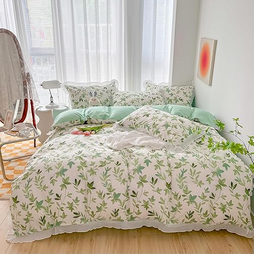 LAMEJOR Juego de funda de edredón tamaño Queen con patrón de hojas verdes reversible, juego de ropa de cama suave de lujo (1 funda de edredón + 2