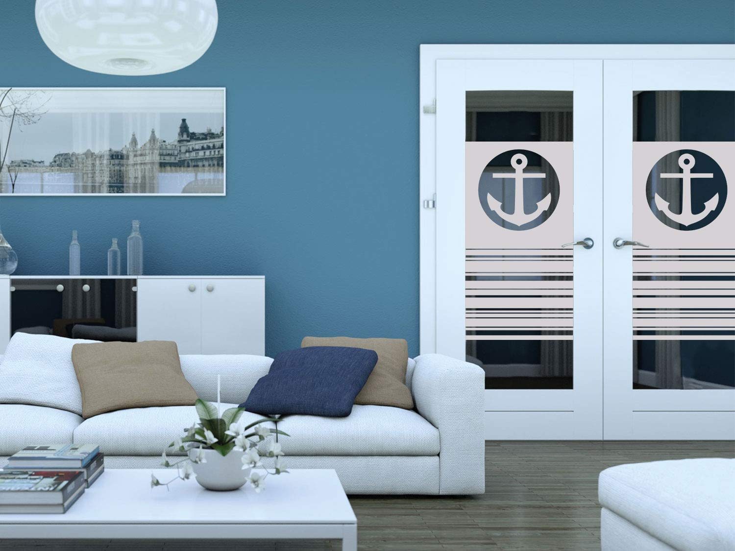 GRAZDesign Milchglasfolie - Sichtschutzfolie Fenster - Fensterfolie Blickdicht Motiv: maritim mit Anker und Streifen / 100x80cm Breite x Höhe