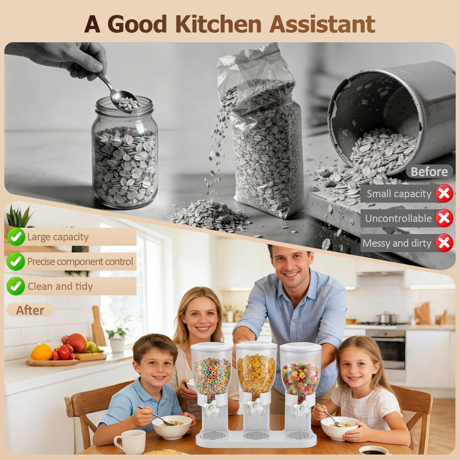Müslispender & Snack-Dispenser mit 3 Kammern, 6L Gesamtvolumen - Rotierender Getreidebehälter für Cornflakes, Nüsse und Kaffeebohnen | Luftdicht & Crush-Free Design für Küche & Snackstation