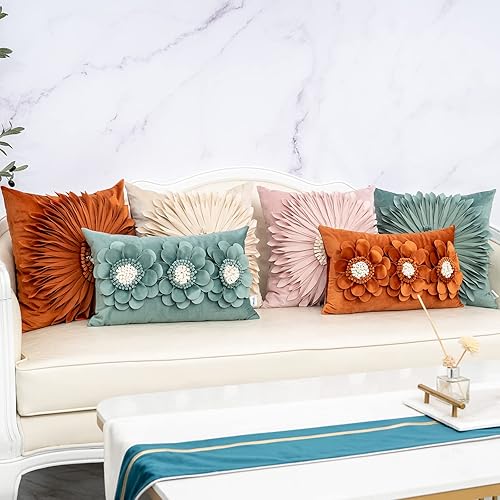Miniatura 7 de Alerfa Funda de almohada decorativa hecha a mano con flores 3D de terciopelo verde con cremallera oculta para sofá, cama, sala de estar, decoración