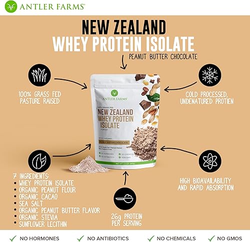 Miniatura 5 de Antler Farms - 100% aislado de proteína de suero de Nueva Zelanda alimentado con pasto, sabor a chocolate con mantequilla de maní, 2 libras - Puro y