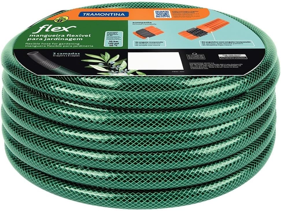 10m Flex Garden Hose in Green with 3-Layers PVC Fiber and Braided Polyester Cord with Thread Connectors and Sprayer