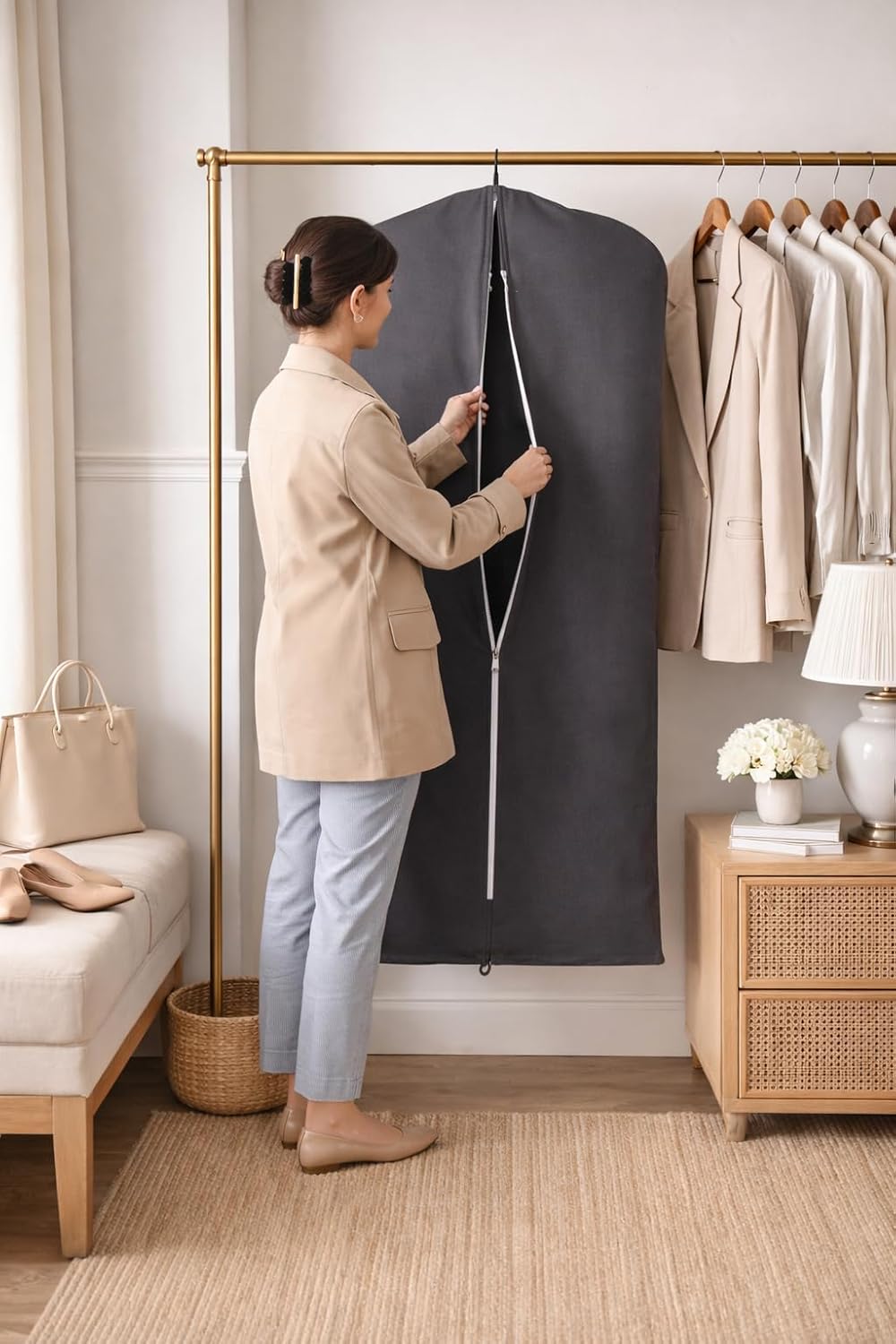 Premium 100% Cotton Garment Bags – 35" Gray Canvas Suit Cover with YKK Zipper – Breathable, Dust-Proof Storage for Suits, Coats, Dresses, Jackets & Travel/Closet Use