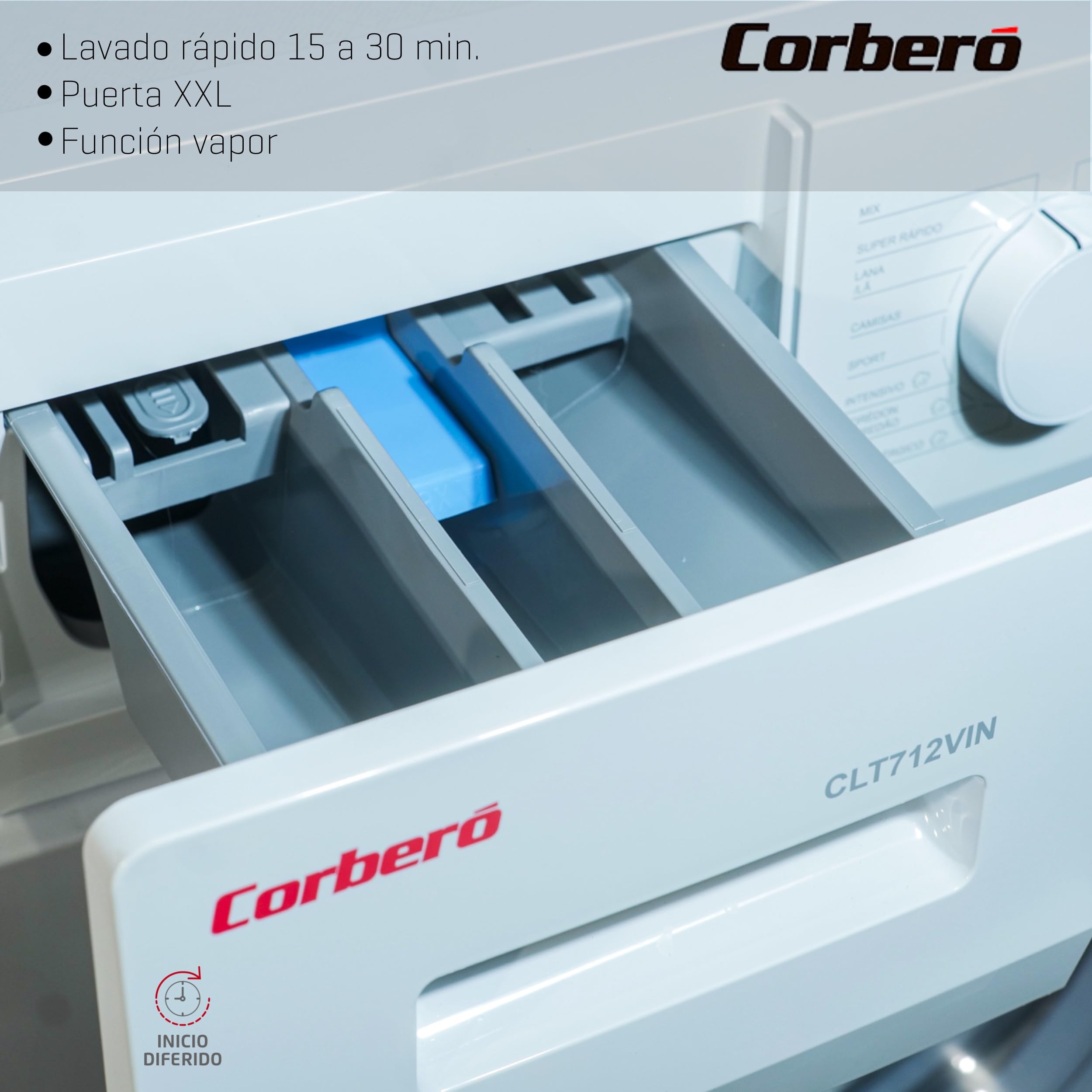 Corberó - Lavadora Carga Frontal Plus 7kg | CLT712VIN | 1200 Rpm | Motor Inverter | 16 Programas | Vapor Antialérgico | Inicio Diferido 3-24h | Lavado Rápido 15-30 Min | Puerta XXL | Blanco