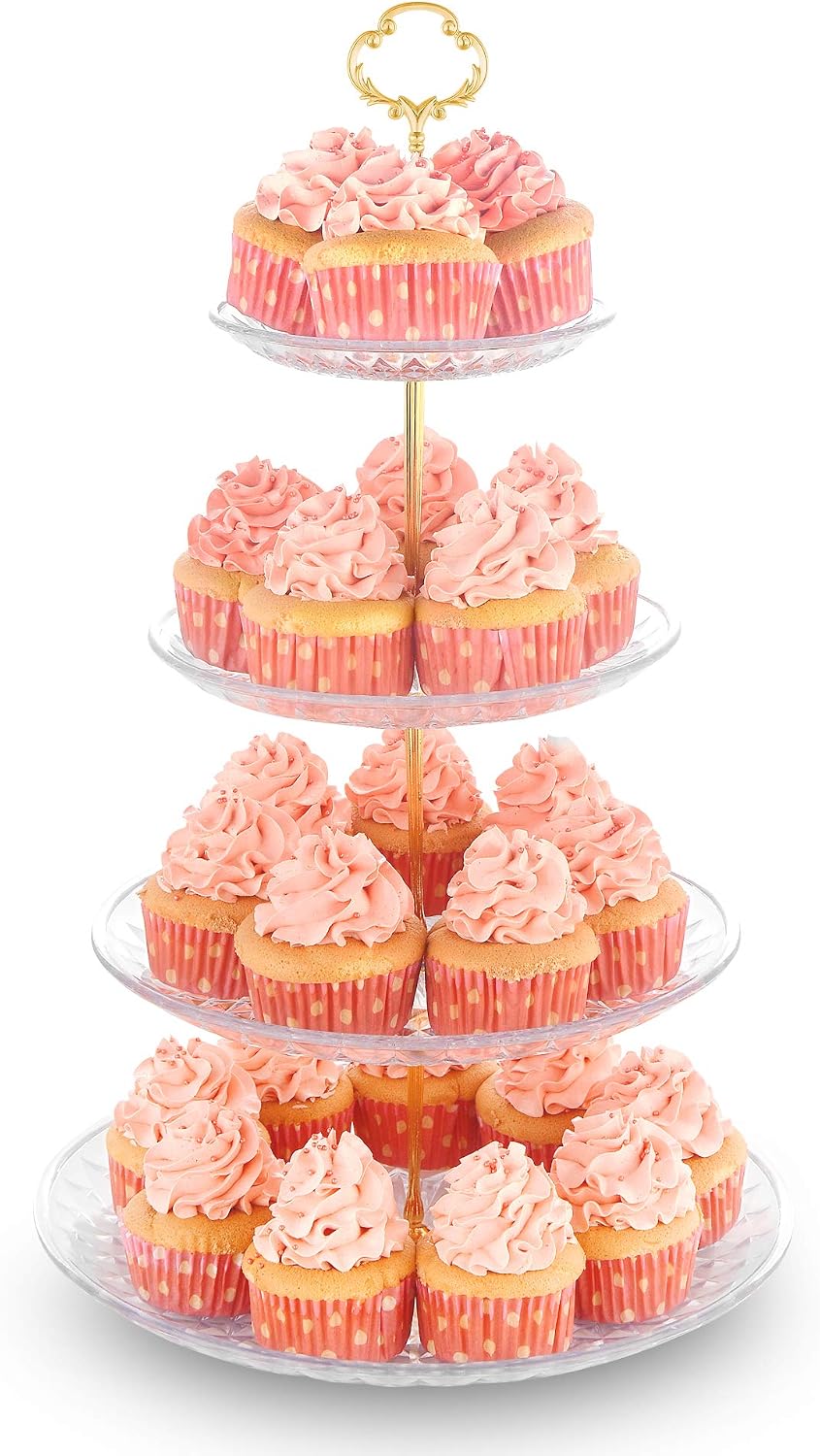 NWK 3/4-Tier Cupcake Stand with Crystal-Clear Plastic Plates and Metal Struts Dessert Stable Tower Display Rack Serving Tray for Wedding Birthday Bridal Shower Autumn NYE Tea Party (Gold)
