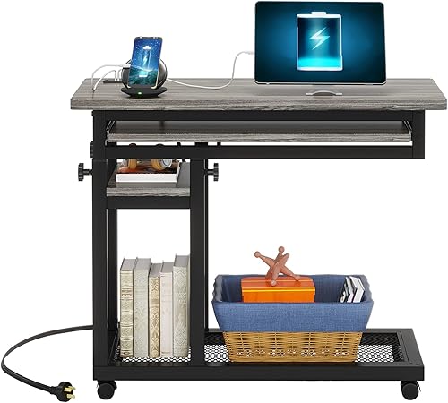 Miniatura 9 de Tribesigns Pequeño escritorio portátil con toma de corriente, sofá de altura ajustable, mesita de noche para laptop con ruedas, escritorio móvil de