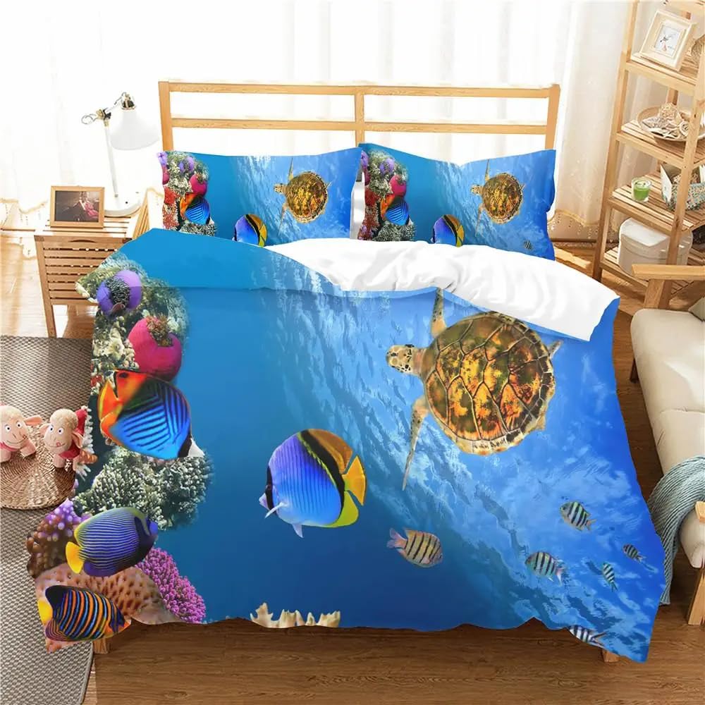 QBIDCSX Super King Size Duvet Cover Aldult Underwater Bedding Set with Zipper Closure Microfiber Soft Breathable Duvet Cover 102.3x86.7 inch + 2 Matching Pillowcases 19x29 inch, for Adults Teenagers