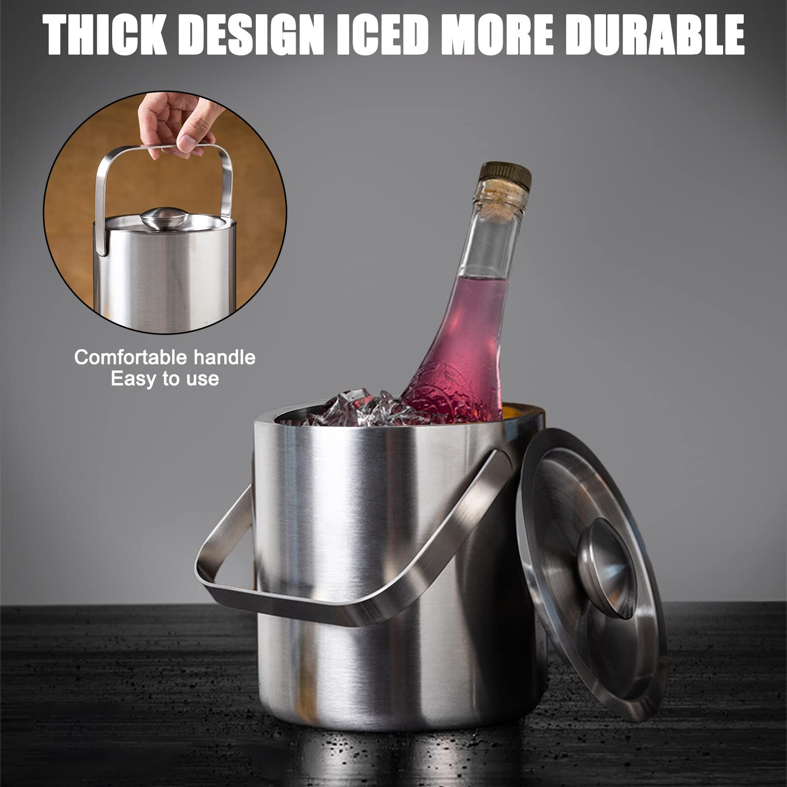 Seau à Glaçons 1,3L En Acier Inoxydable Avec Couvercle, Pince Et Filtre - Parfait Pour Bière, Champagne Et Vin