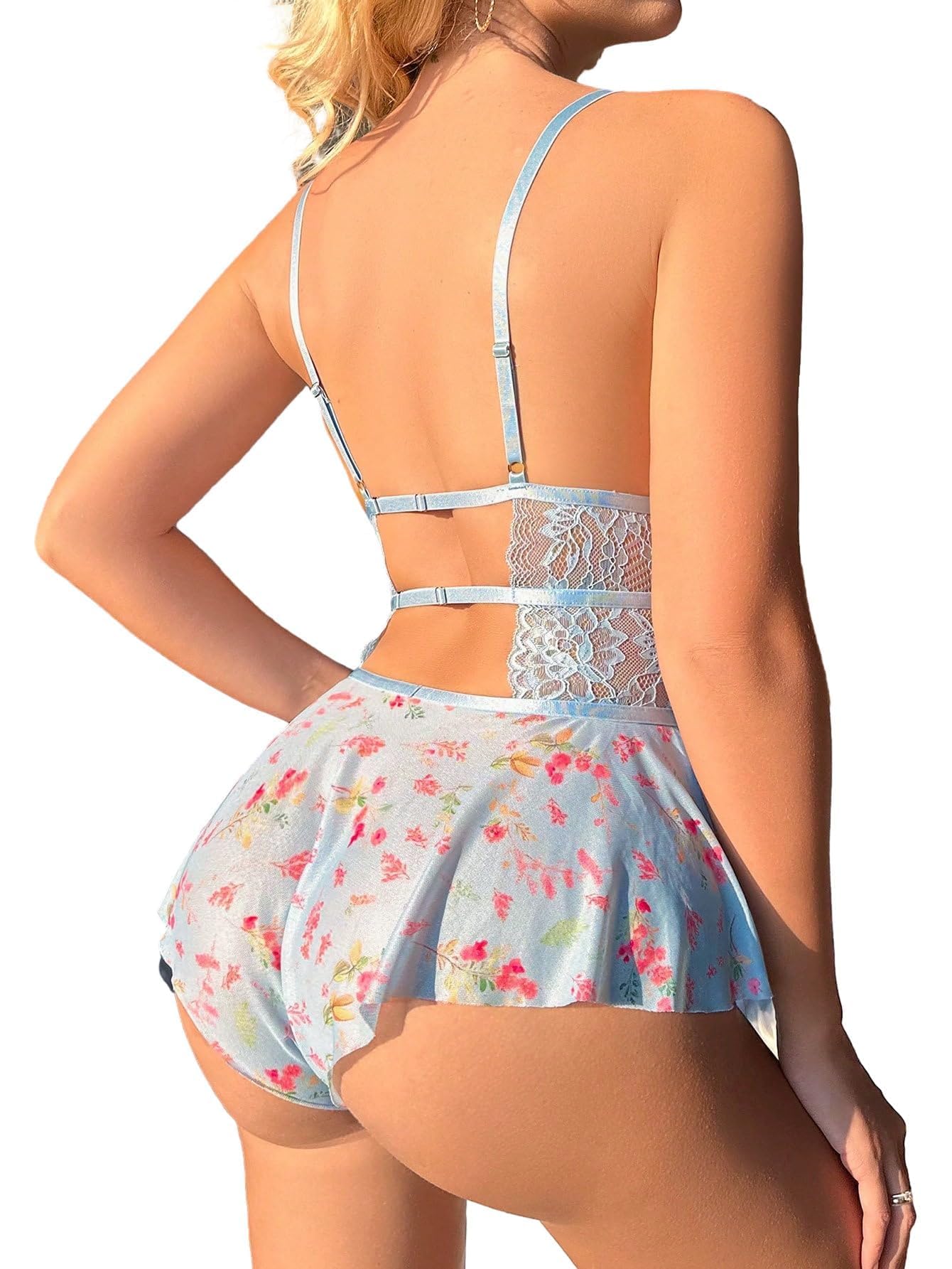 Lilosy Sexy Bows Floral Lace Mesh Babydoll Lingerie Romper: Medium Blue