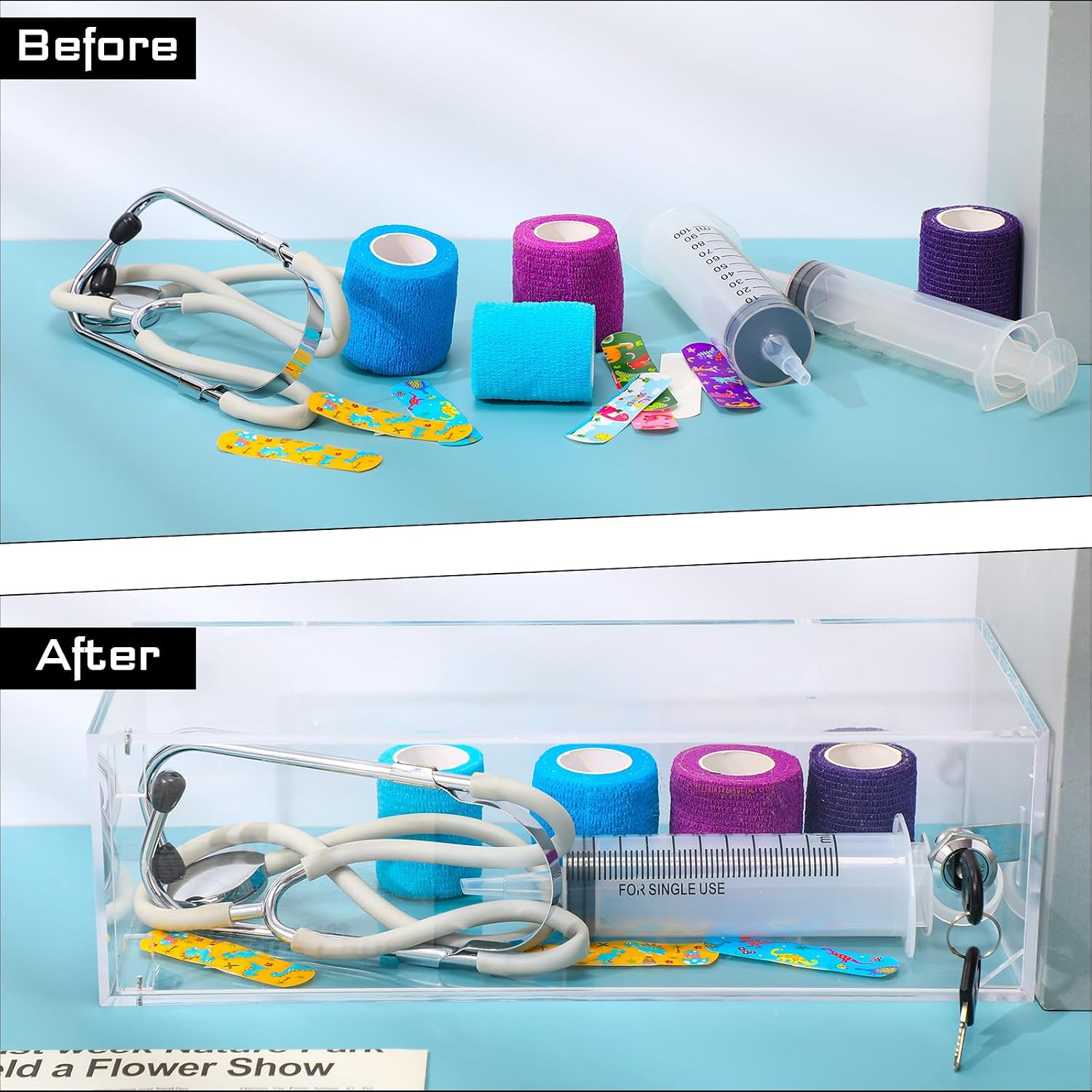 Wonderjune Refrigerator Medicine Lock Box with Keys and Mounting Hardware 13 x 5.12 x 4.02 Inch Wall Mount Locking Medicine Box Clear Acrylic Wall Cabinet, First Aid Kit for Emergencies Home Use