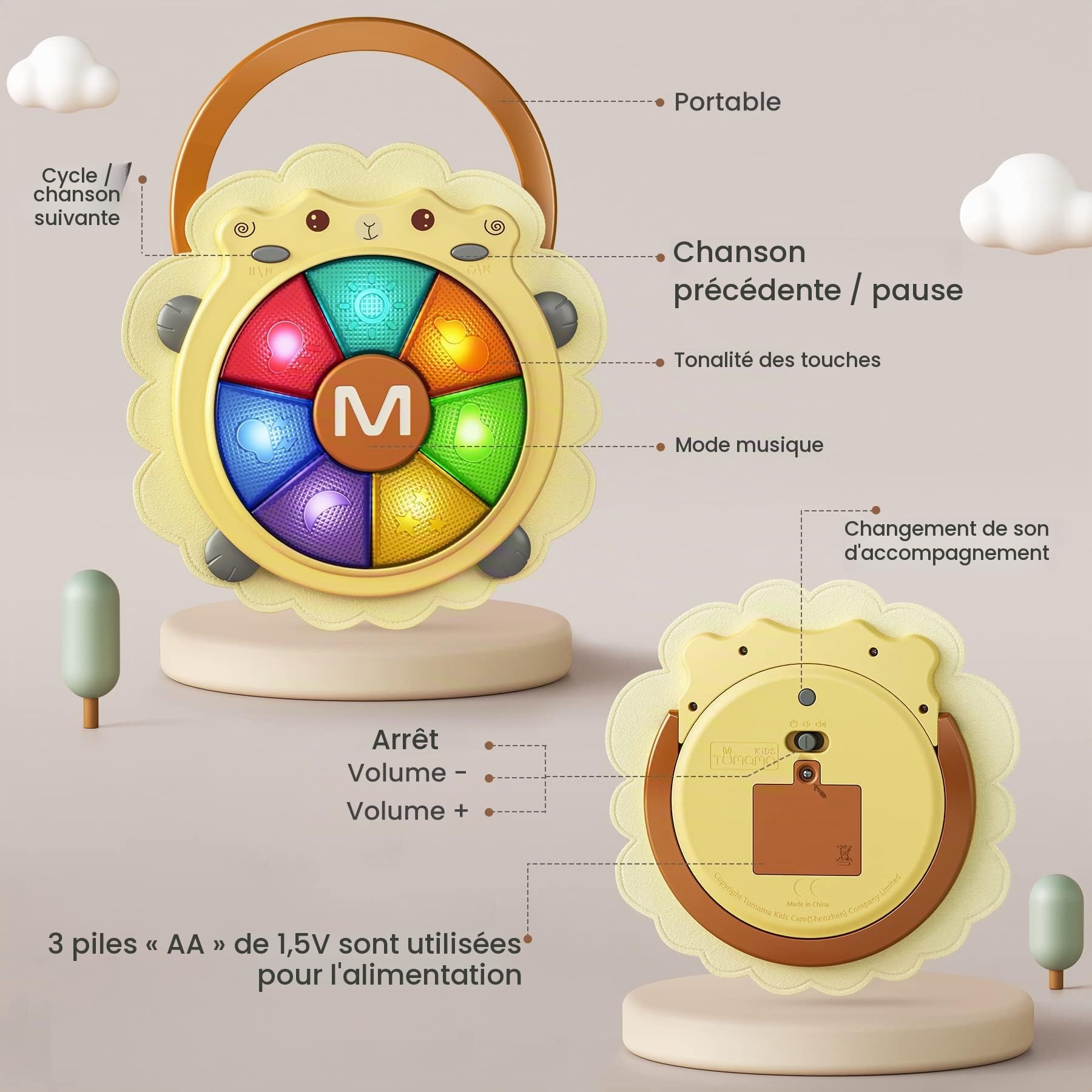 tumama Bébé Tambour Électronique Jouets Musicaux Lumière Sonore Instruments Jeu Activité Sensorielle Jouet D'apprentissage Vacances Noël Cadeaux D'anniversaire Tout-Petit Nouveau-Né 18 Mois + (mouton)