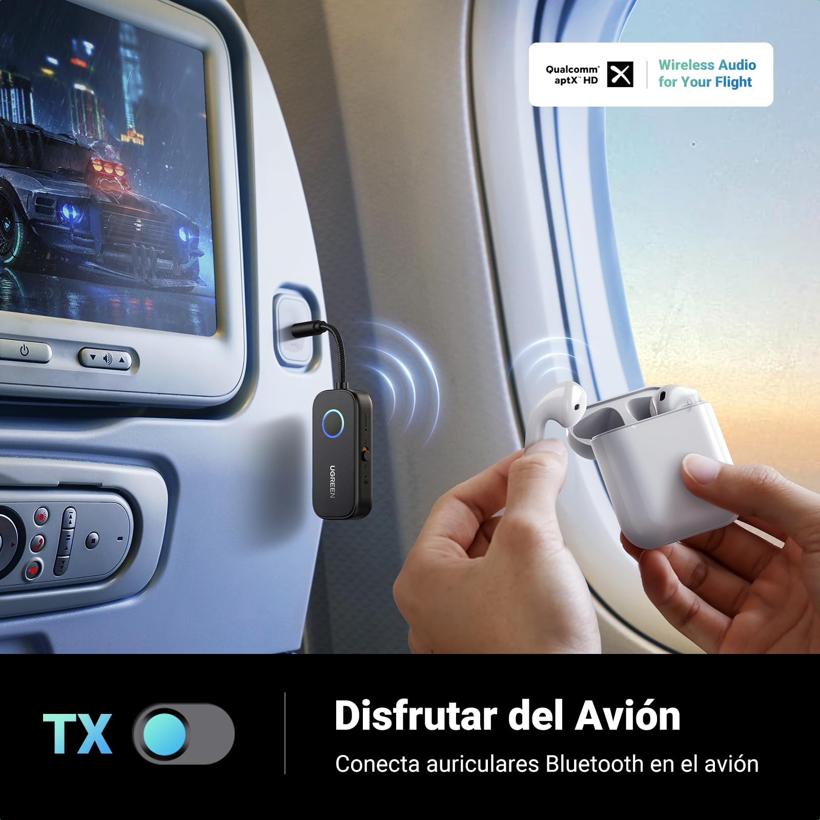 UGREEN aptX Adaptador Bluetooth 2 en 1 Transmisor Receptor 5.3 Audio Jack 3,5mm para TV Coche Altavoz Auriculares Amplificador Móvil PC