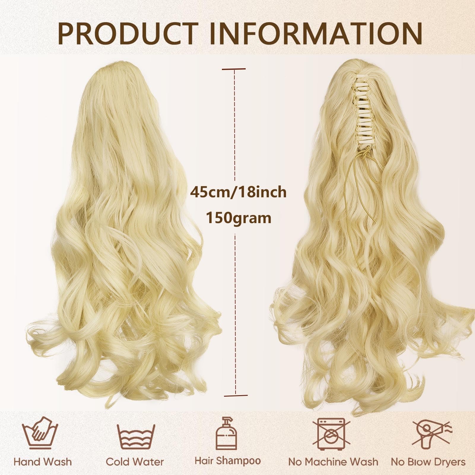 Cybelleza Ponytail Extension Curly Wavy Claw Jaw Pony Tail 18" One Piece Clip in Hair Extensions Ponytail Hairpiece Synthetic Long Natural for Women Bleach Blonde - Image 4