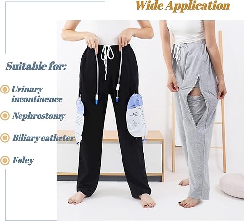 Miniatura 4 de Pantalones de catéter para hombres y mujeres, pantalones con soporte para bolsas de orina y piernas con bolsillos dobles con cremallera para dos