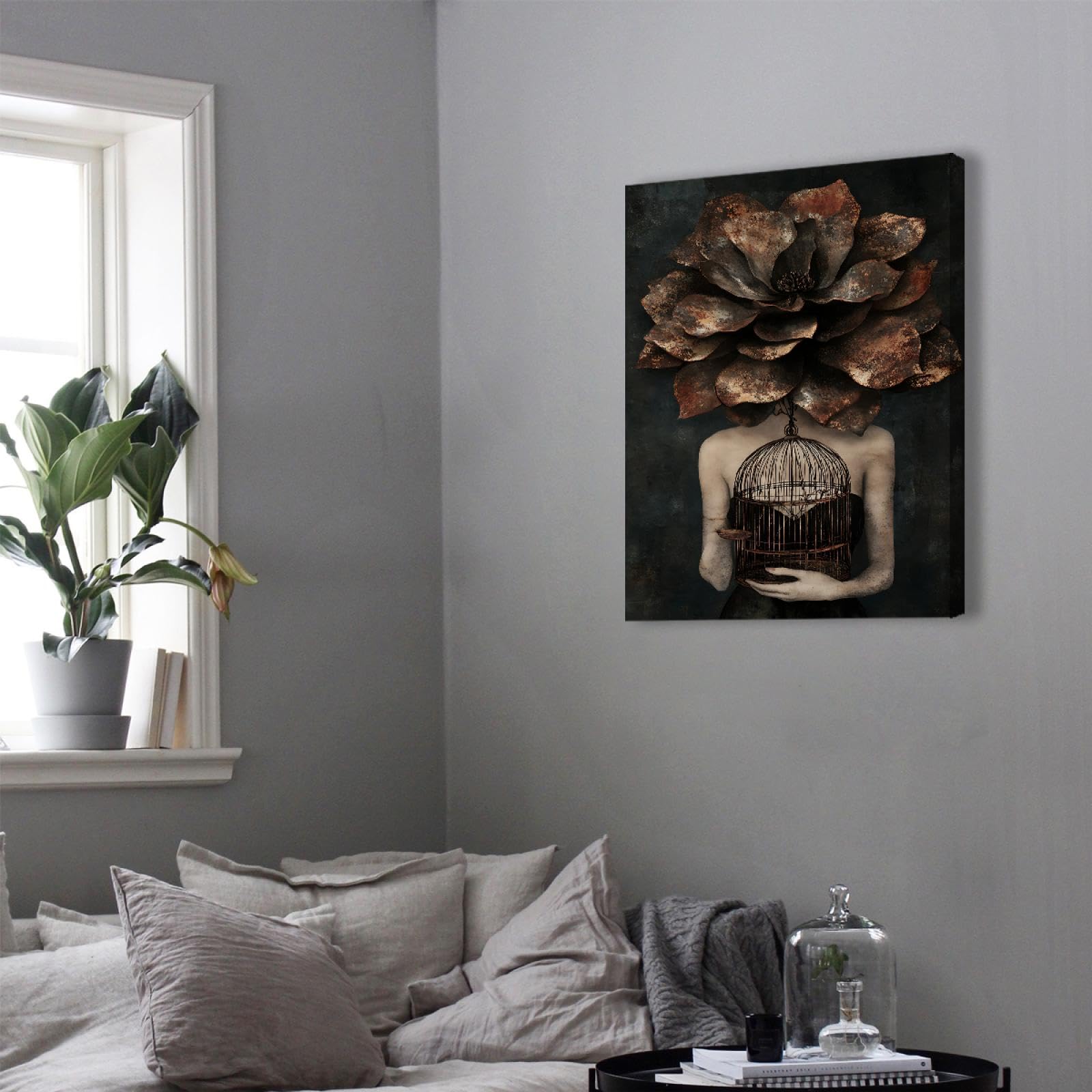 TOANGWALL Piękna elegancka dziewczyna z kwiatami we włosach płótno farby kobieta trzymająca ptak plakat sztuka ścienna do salonu dekoracja domu 50 x 60 cm rama wewnętrzna