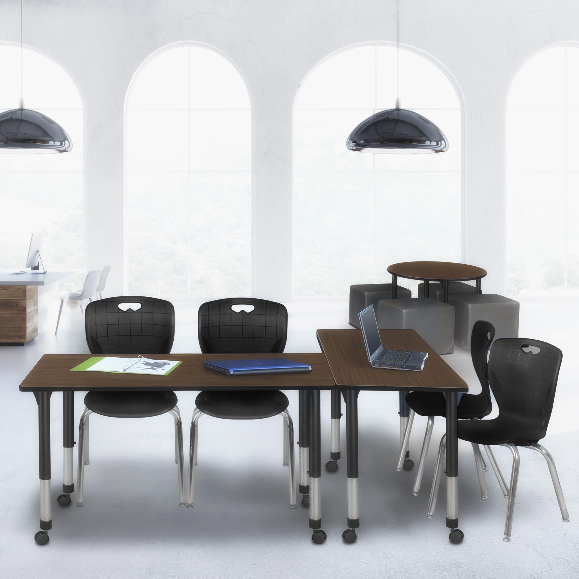 Regency Kee 60 x 24 in. Mobile Adjustable Classroom Table- Neo Walnut Top, Black Base & 2 Andy 18 in. Mobile Black Stack Chairs