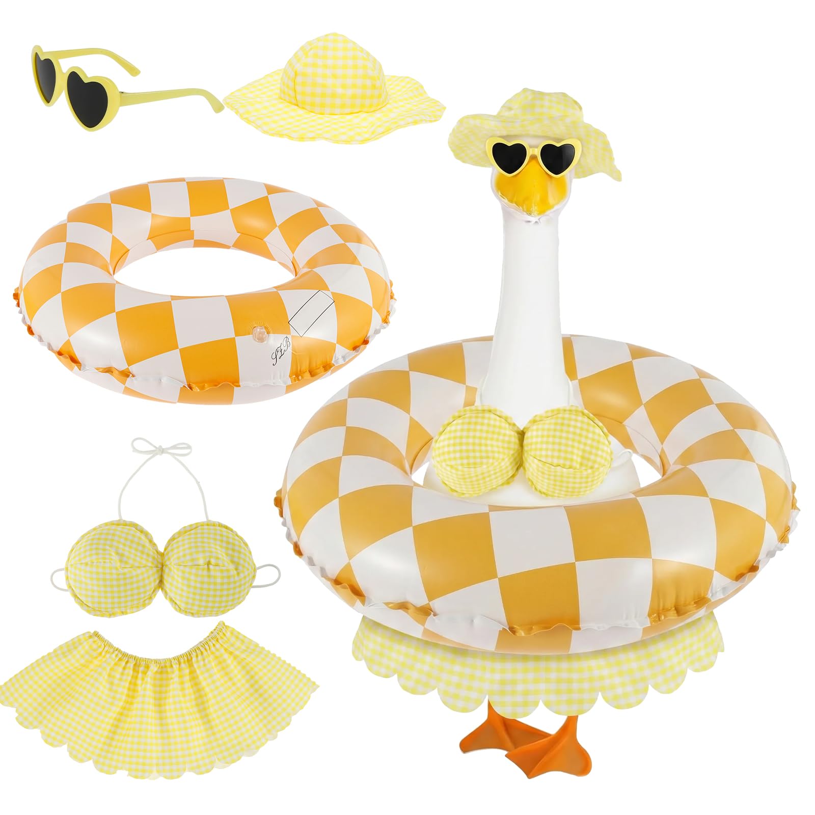 Kuanght Hawaiian Porch Goose Outfit, Summer Porch Goose Costume with Hat, Bikini, Swim Ring and Sunglasses, 23inch Creative Geese Statue Outdoor for Garden, Lawn, Patio and Yard Decor(Yellow Plaid)