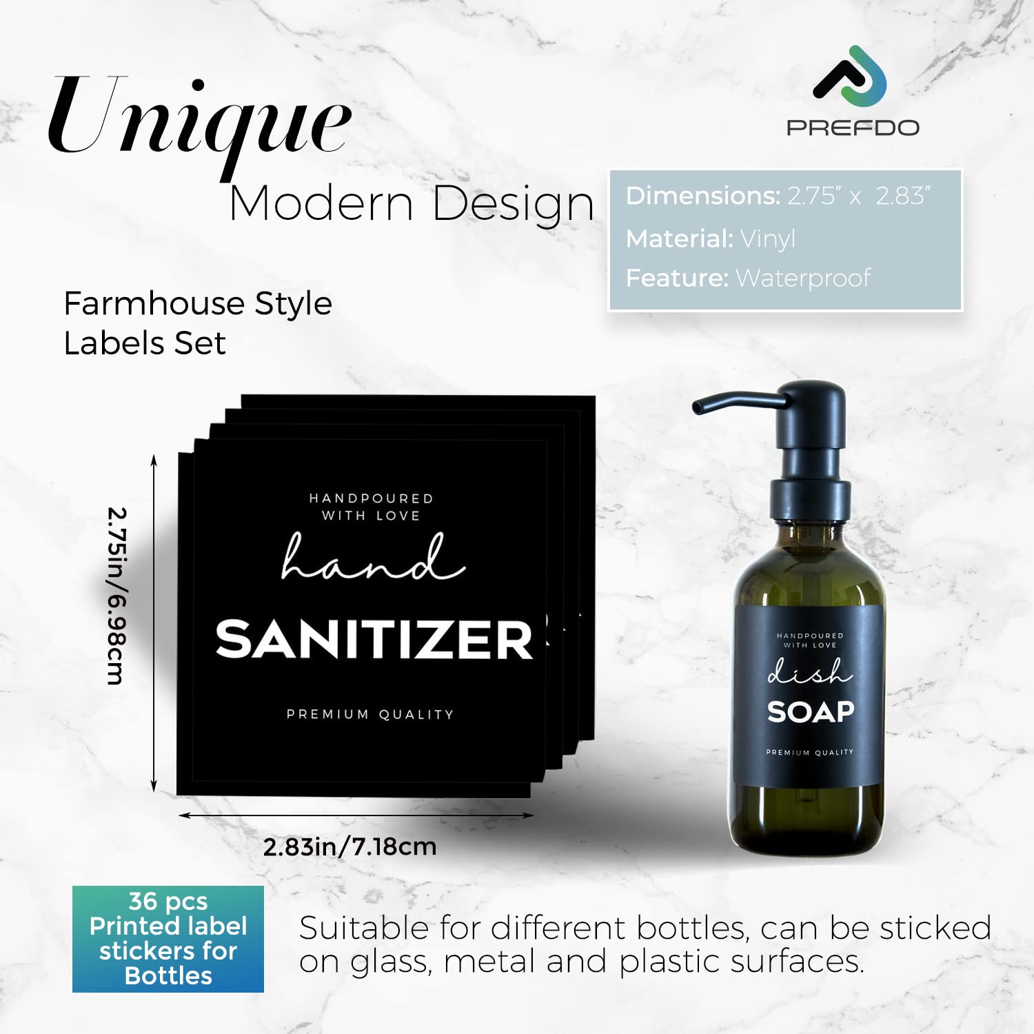 36 PCS Printed Label Stickers for Bottles, Prefdo Waterproof Minimalist Farmhouse Labels for Bathroom Kitchen Hand Soap Shampoo Conditioner Lotion Dispenser Bottles Containers(Black)