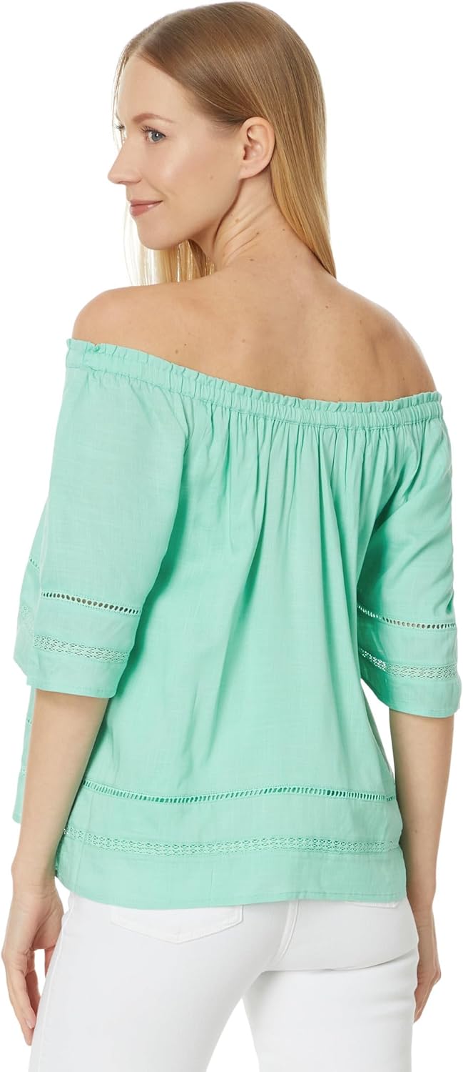 Liverpool Women's Cropped Bell Sleeve Woven Top with Lace Trim - Image 2
