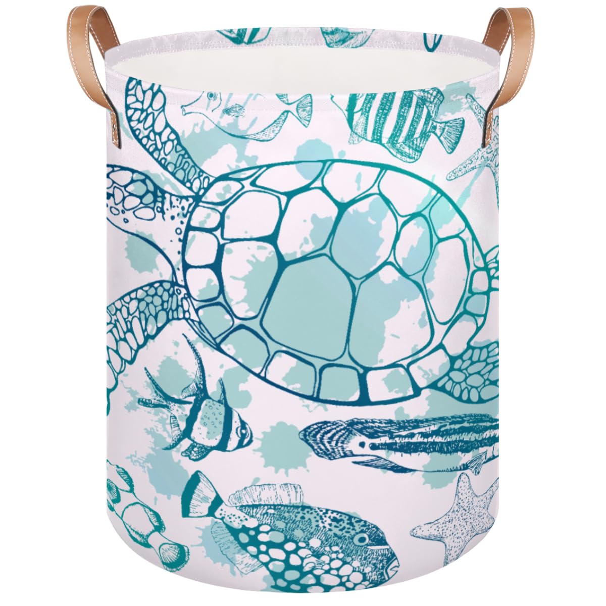 Large Laundry Hamper Basket Ocean Theme Round Freestanding Clothes Basket, Sea Turtle Collapsible Storage Organizer Bin with Leather Handles for Dirty