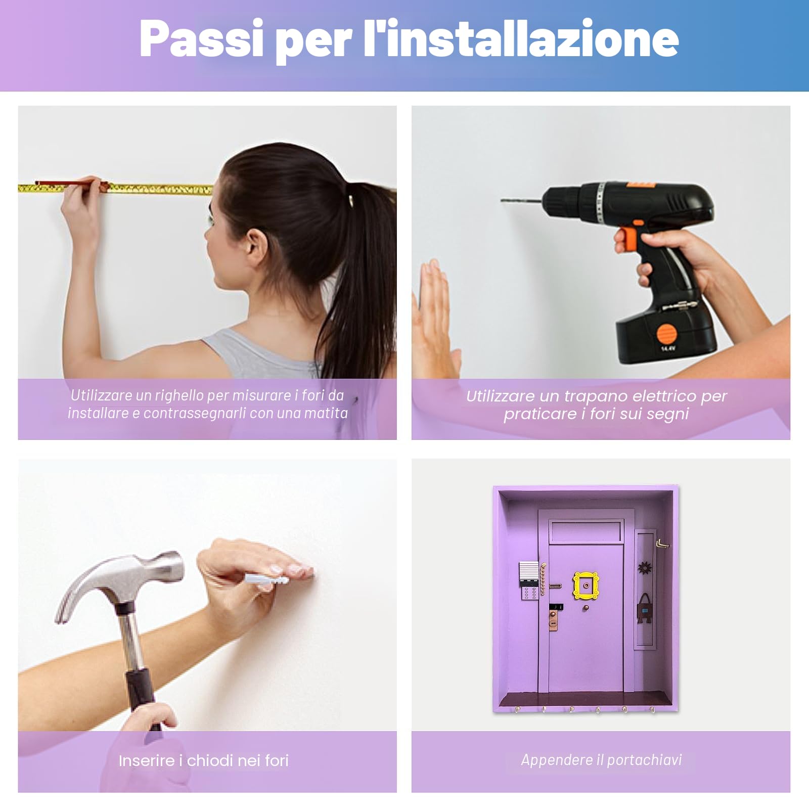 Friends Monica'S Key Hooks, Mobiletto In Legno Porta Chiavi Da Muro Per Casa Amici Ganci Chiave Di Monica Con Contenitore E 6 Ganci Per Gli Amanti Delle Serie TV Per Bagno Soggiorno (Viola)