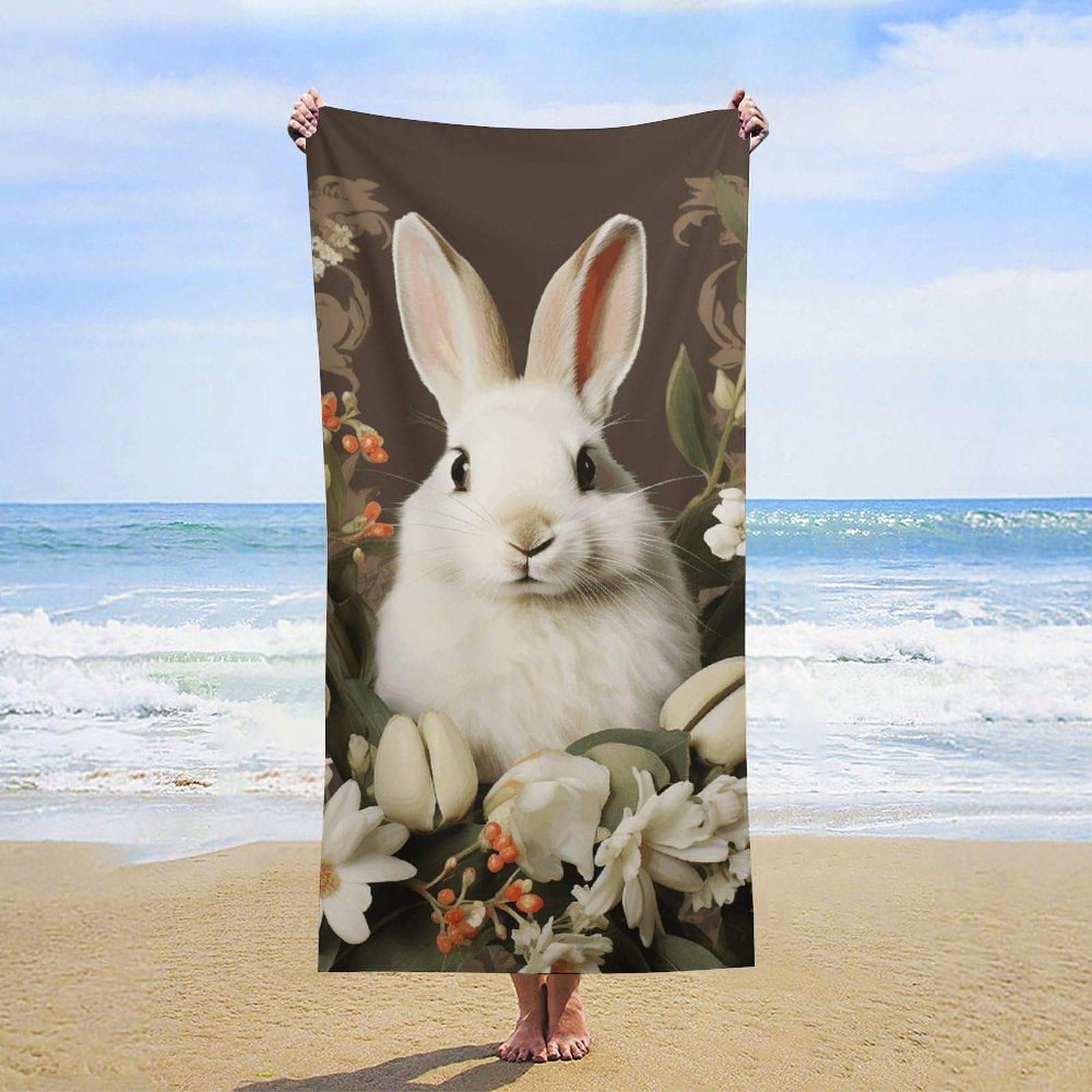NTVOWPZO A Beautiful White Rabbit Beach Towel Oversized Microfiber Bath Towels Lightweight Sand Proof Beach Towels Absorbent Pool Towels for Swimming Yoga Bathroom Towel 31.5" X 63"